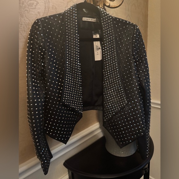 Alice and Olivia “Harvey Silver Studded Black Leather Jacket” - Picture 10 of 12